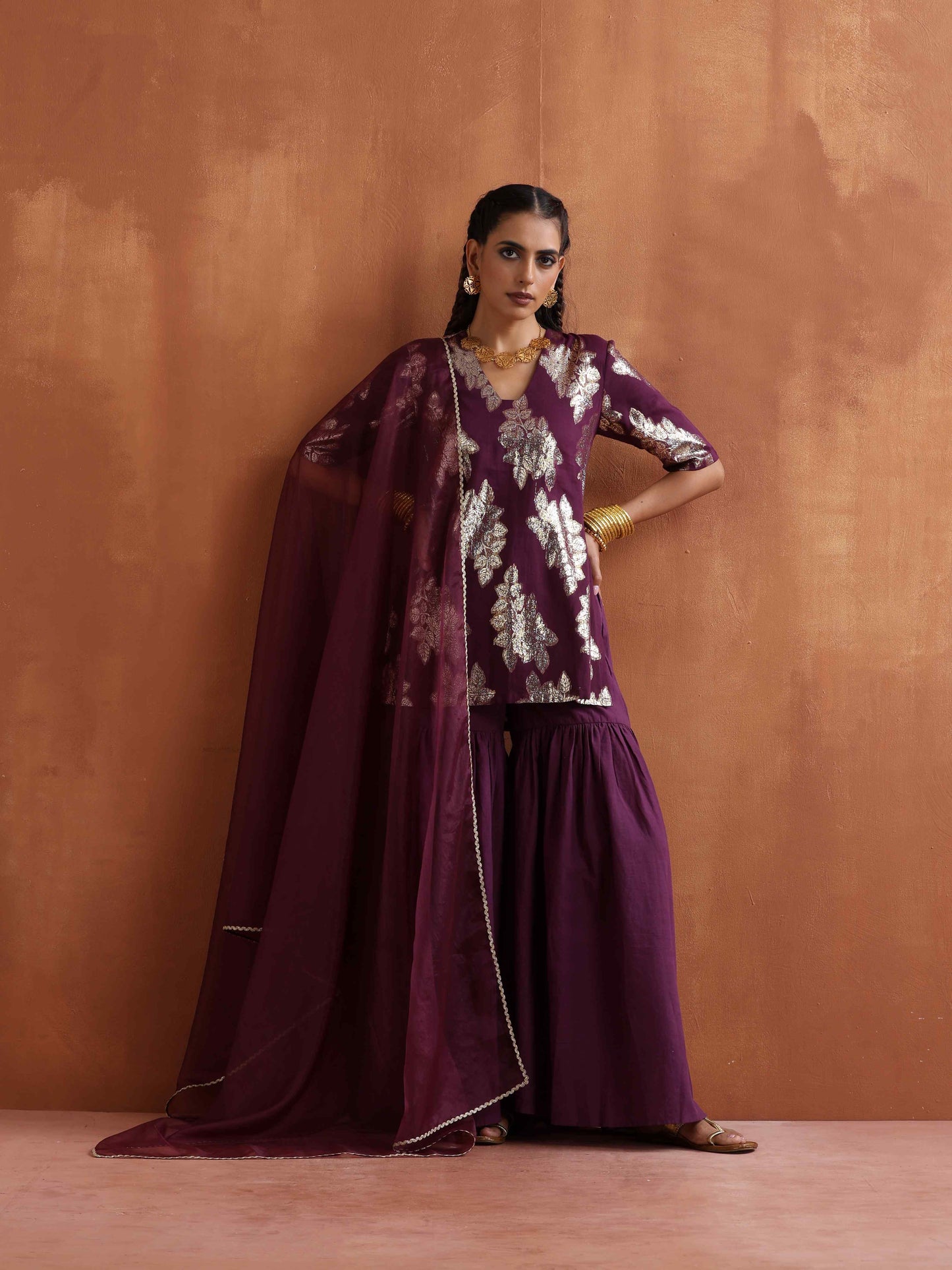 trueBrowns Purple Metallic Sharara Dupatta Set | Swadesiicart