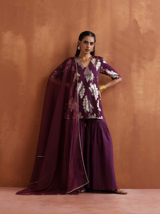 trueBrowns Purple Metallic Sharara Dupatta Set | Swadesiicart