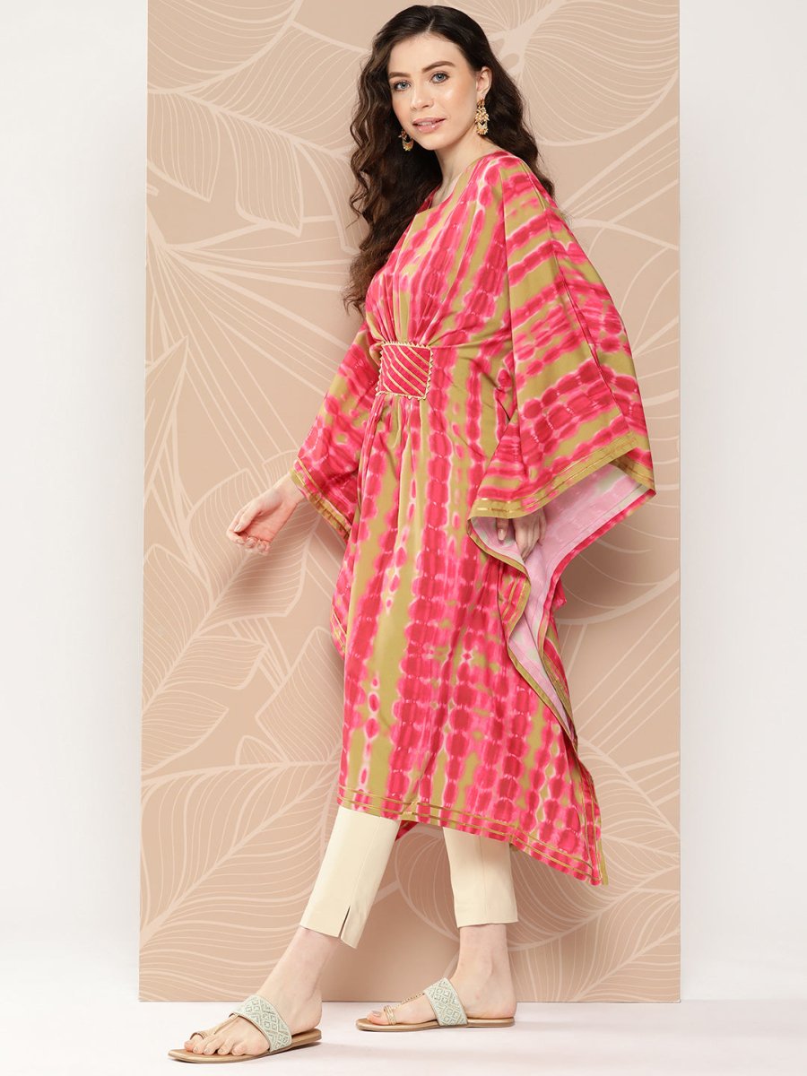 Ahalyaa Women Printed Flared Sleeves Gotta Patti Belted Detail Crepe Kaftan Kurta | Swadesiicart