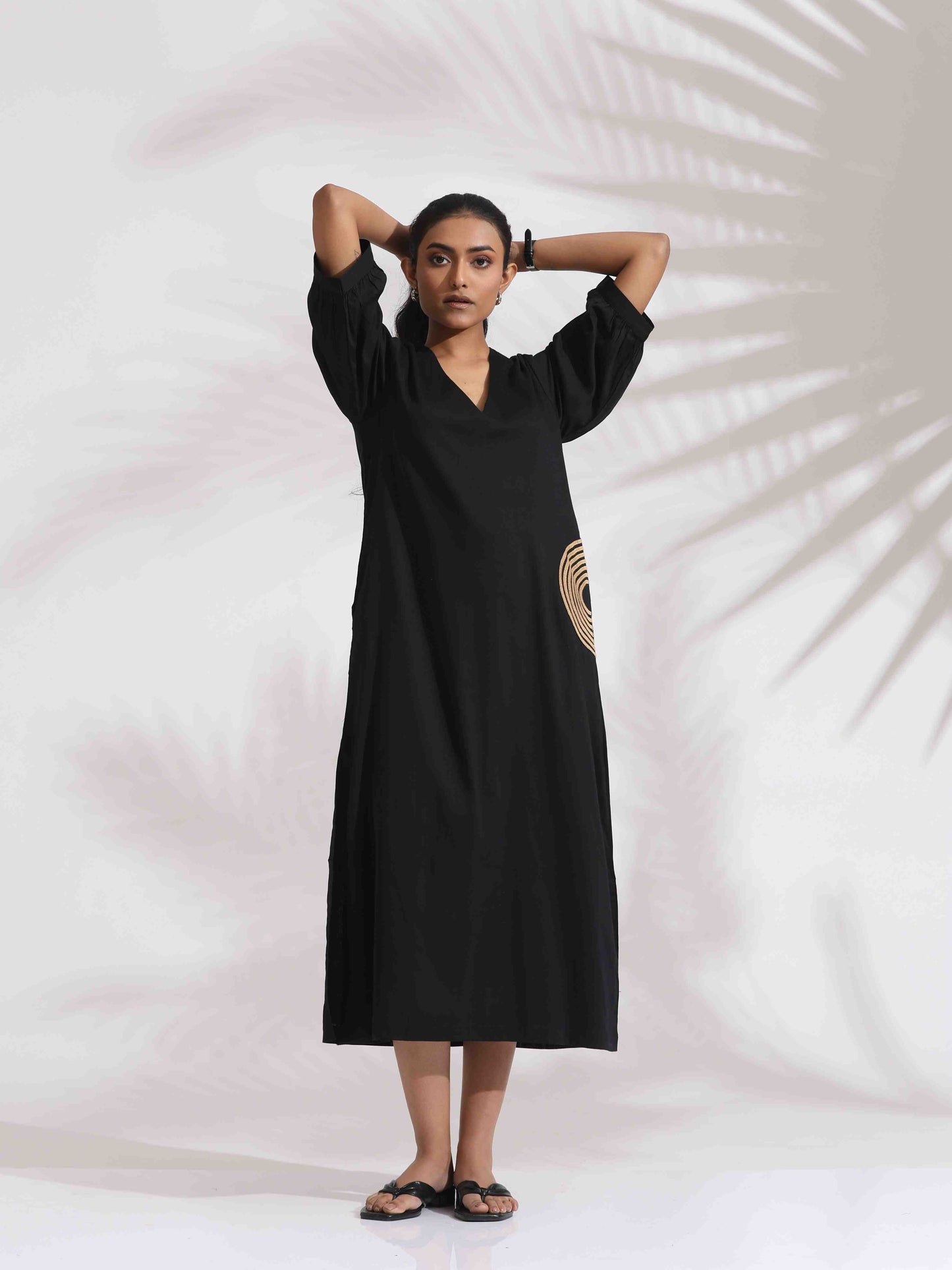 trueBrowns Black Cotton Embroidered Dress | Swadesiicart