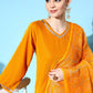 InWeave Women's Mustard Velvet Kurta Set With Mustard Kota Bandhani Dupatta - Swadesiicart