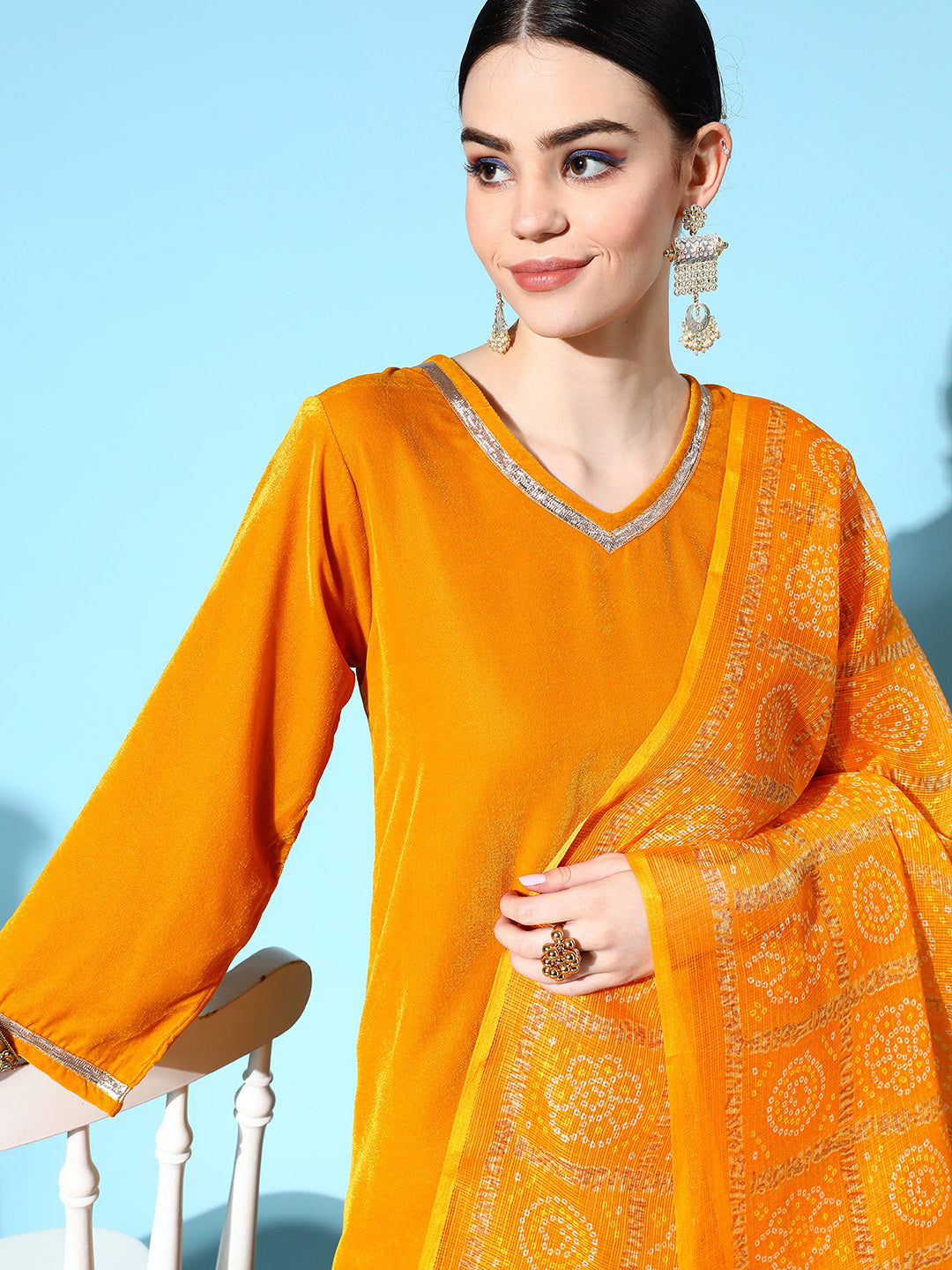 InWeave Women's Mustard Velvet Kurta Set With Mustard Kota Bandhani Dupatta - Swadesiicart