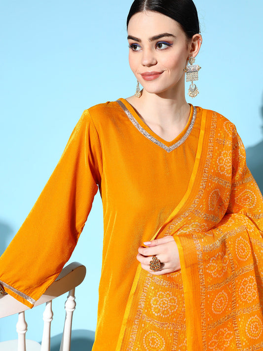 InWeave Women's Mustard Velvet Kurta Set With Mustard Kota Bandhani Dupatta - Swadesiicart