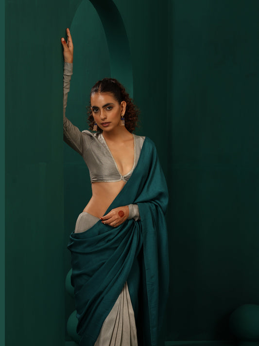 trueBrowns Teal Grey Silk Ready to Wear Saree | Swadesiicart