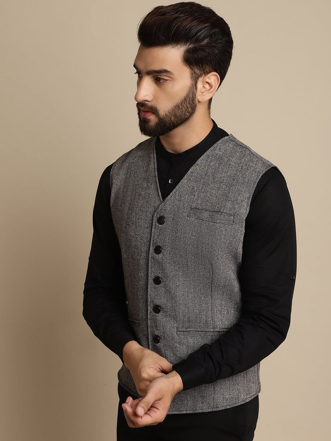 Even Apparels Men's Black Woolen Waistcoat with welt pockets | Swadesiicart