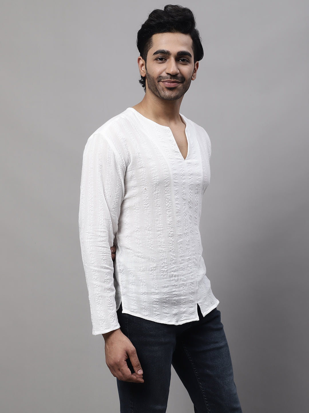 Even Apparels White Pure Cotton Open Neck Kurta | Swadesiicart