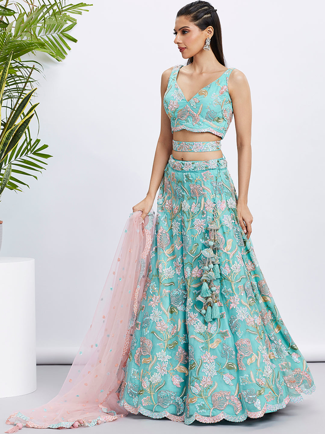 House of Panchhi Turquoise Blue Chiffon Sequins And Thread Embroidery Lehenga Choli & Printed Dupatta | Swadesiicart