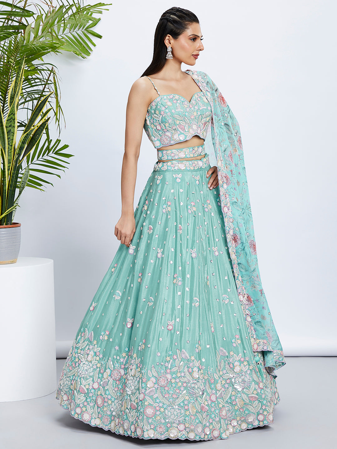 House of Panchhi Burgundy Georgette Sequins, Mirror And Thread Embroidery Lehenga Choli & Dupatta | Swadesiicart