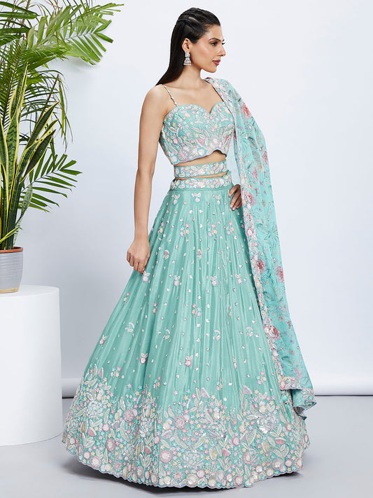 House of Panchhi Burgundy Georgette Sequins, Mirror And Thread Embroidery Lehenga Choli & Dupatta | Swadesiicart