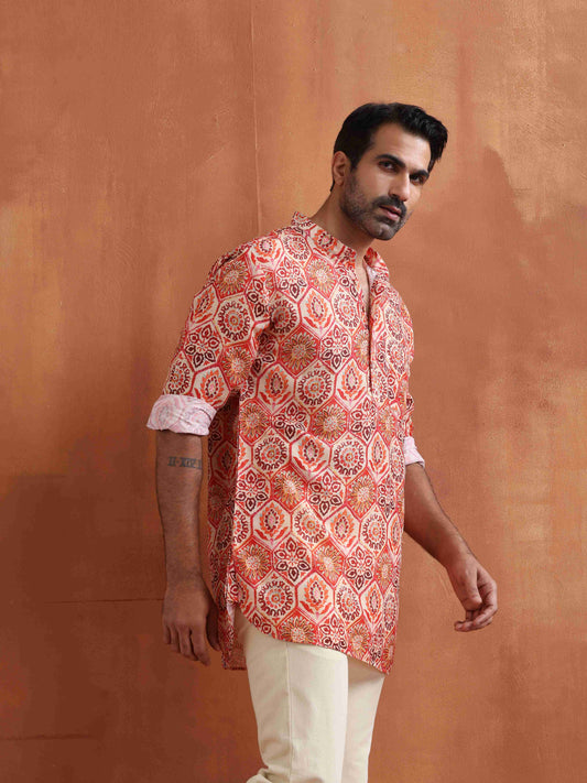 trueBrowns Men's Beige Printed Short Kurta | Swadesiicart