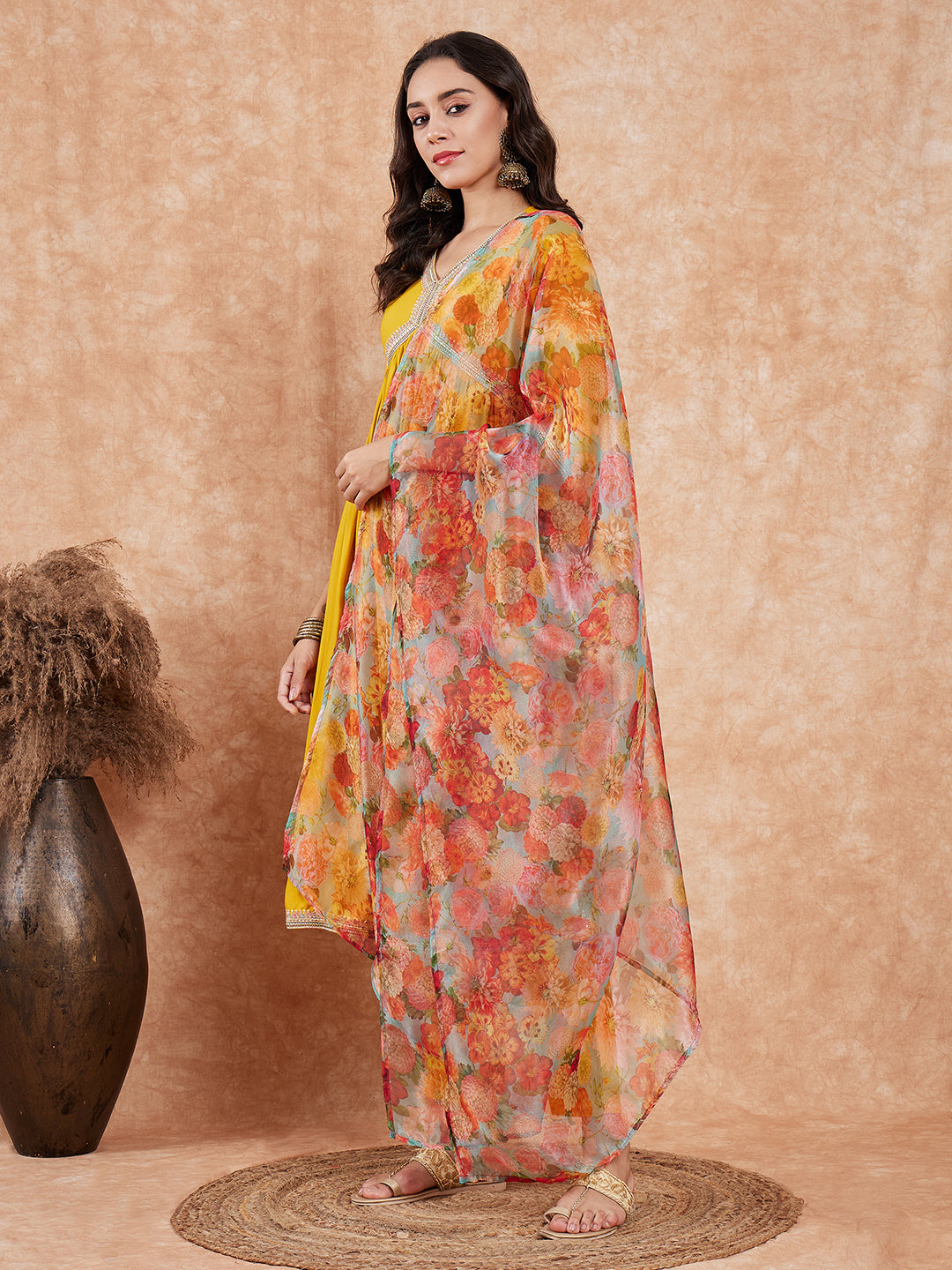 InWeave Women's Mustard Alia Neck Style Gota Set W Organza Dupatta - Swadesiicart