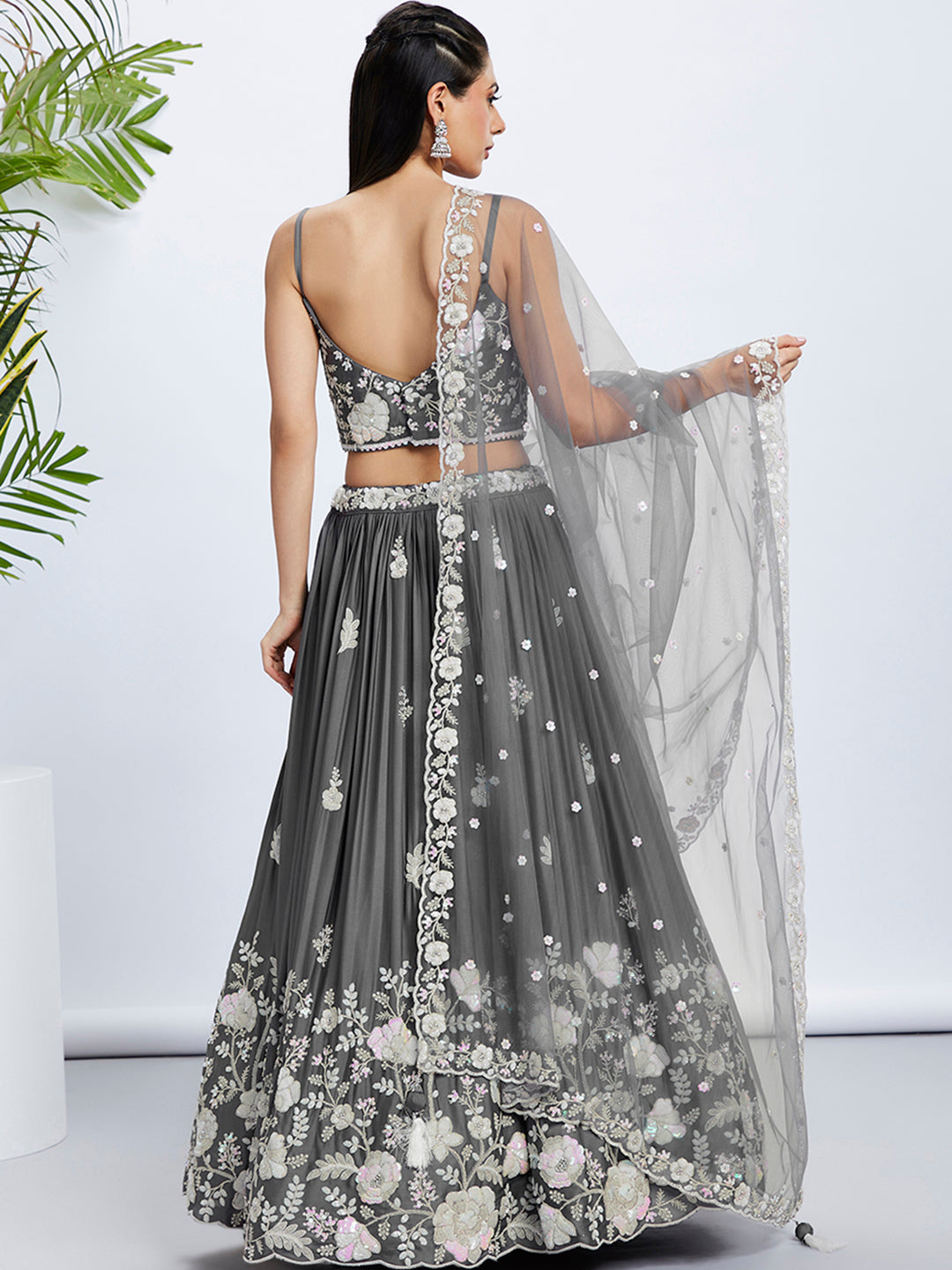 House of Panchhi Navy Blue Georgette Sequins, Mirror And Thread Embroidery Lehenga Choli & Dupatta | Swadesiicart