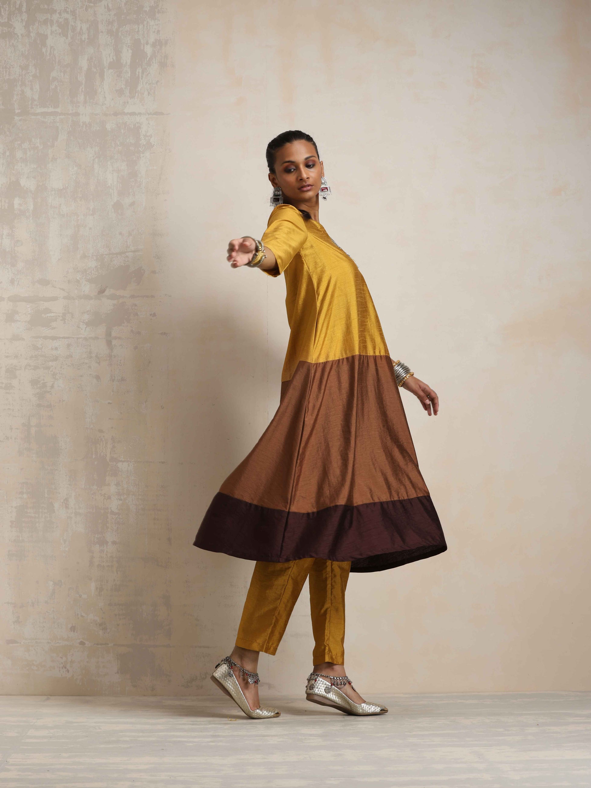 trueBrowns Gold Brown Silk A-line Kurta Set | Swadesiicart