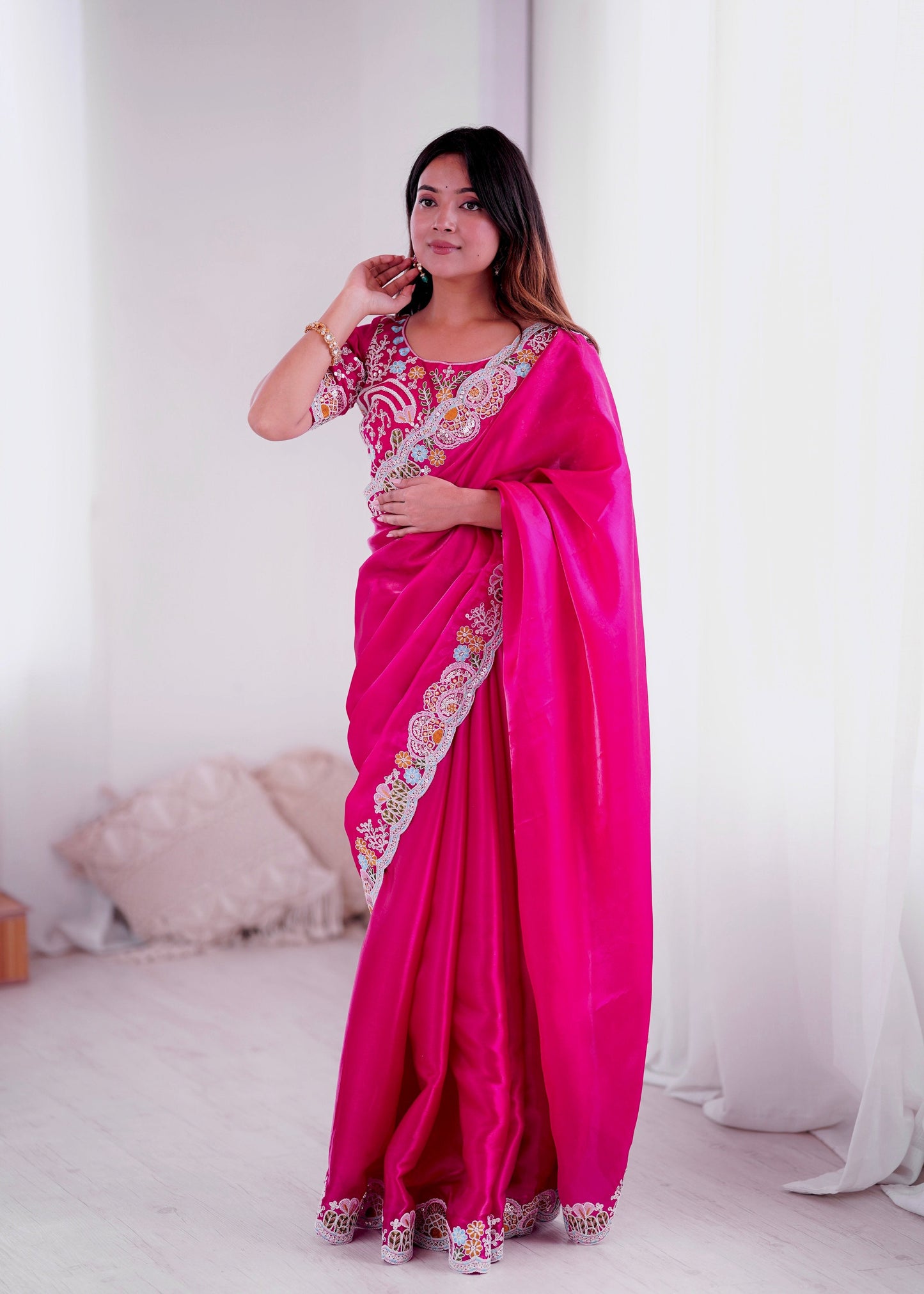 Lorenvalley Fashion Magenta Jimmy Choo with Embroidery Threads Codding & Sequins Work Saree with Blouse - Swadesiicart