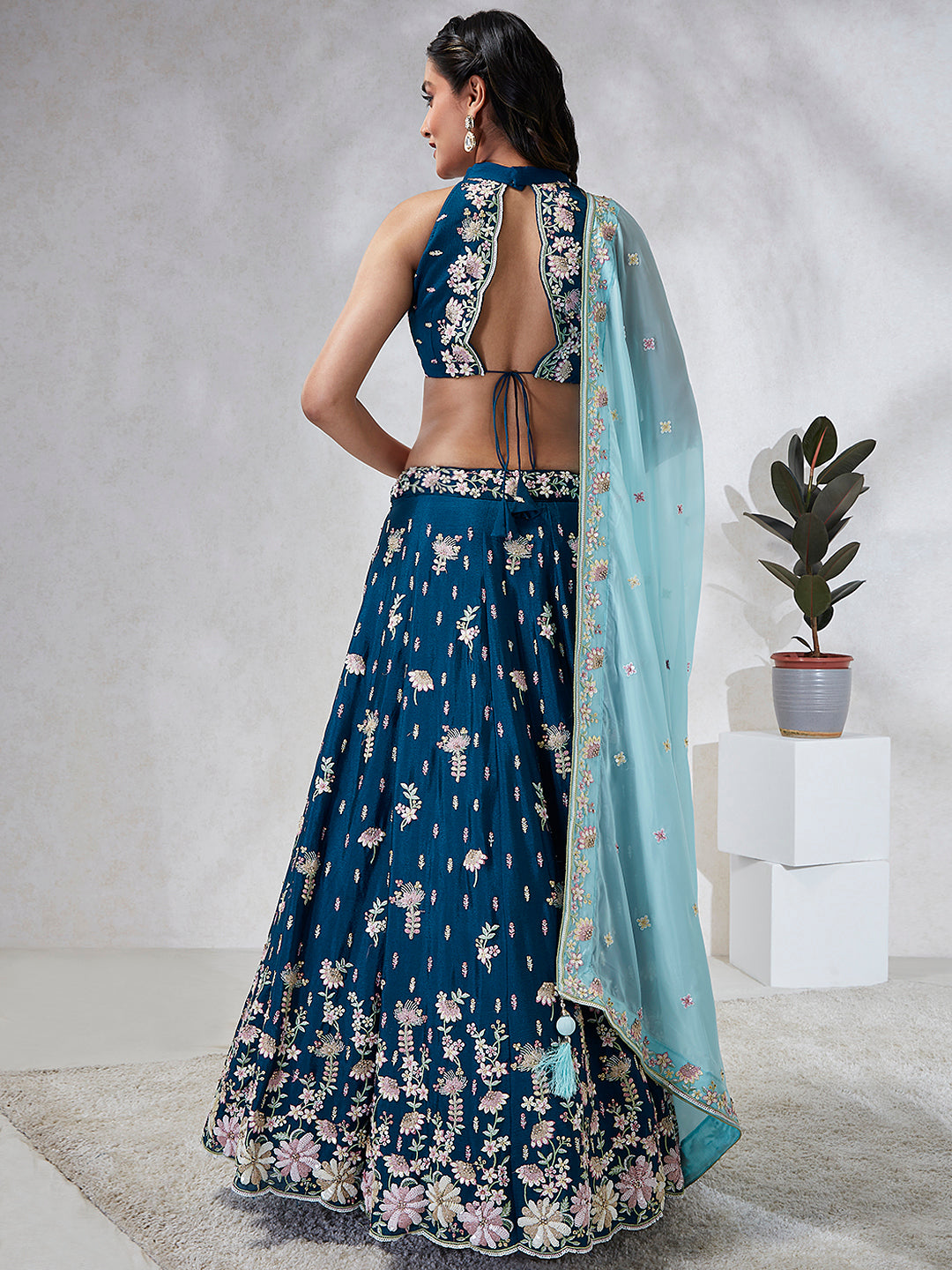 House of Panchhi Teal Pure Georgette Sequins And Thread Embroidery Lehenga Choli & Dupatta | Swadesiicart