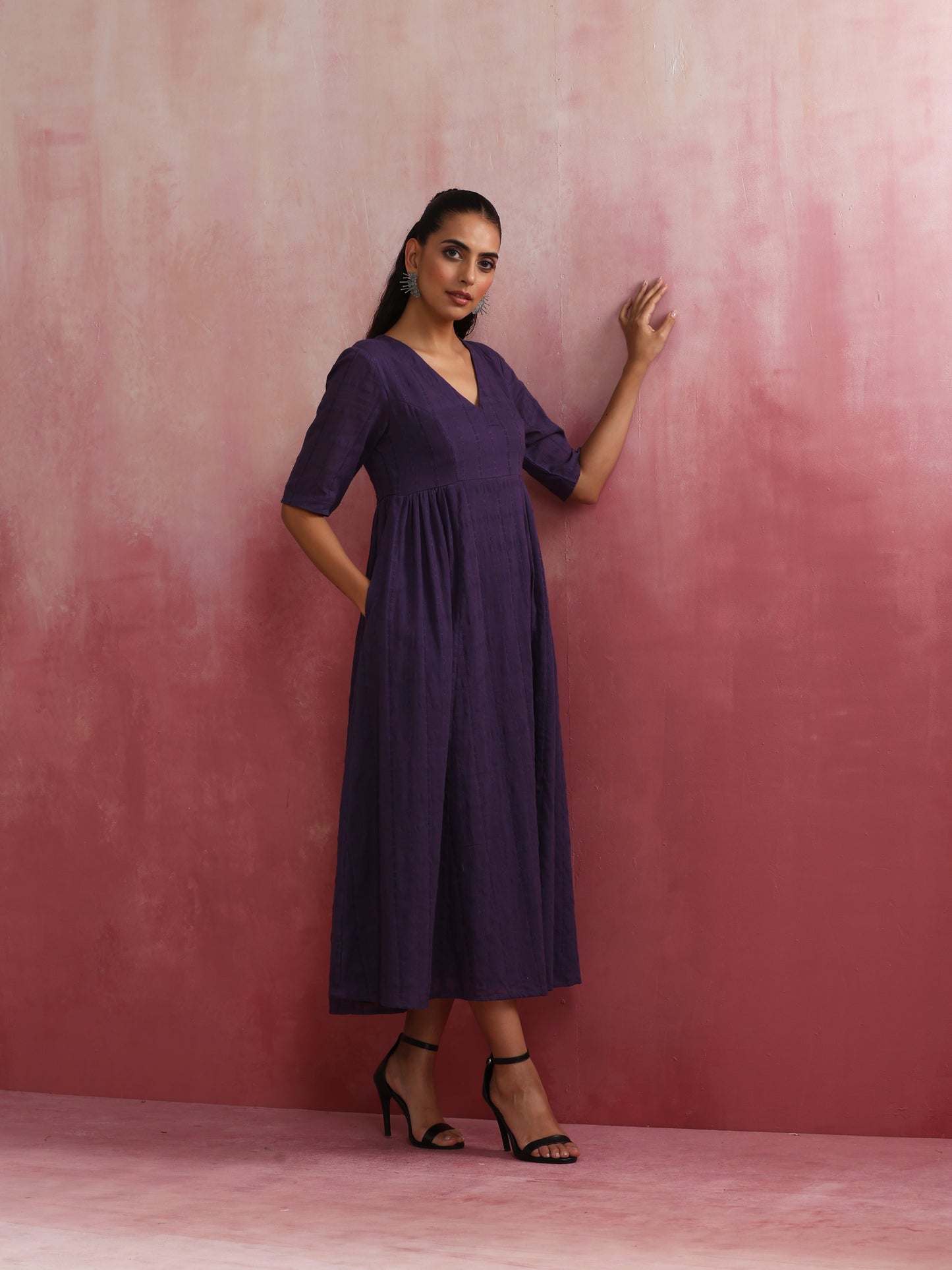 trueBrowns Purple Cotton Dobby Dress | Swadesiicart