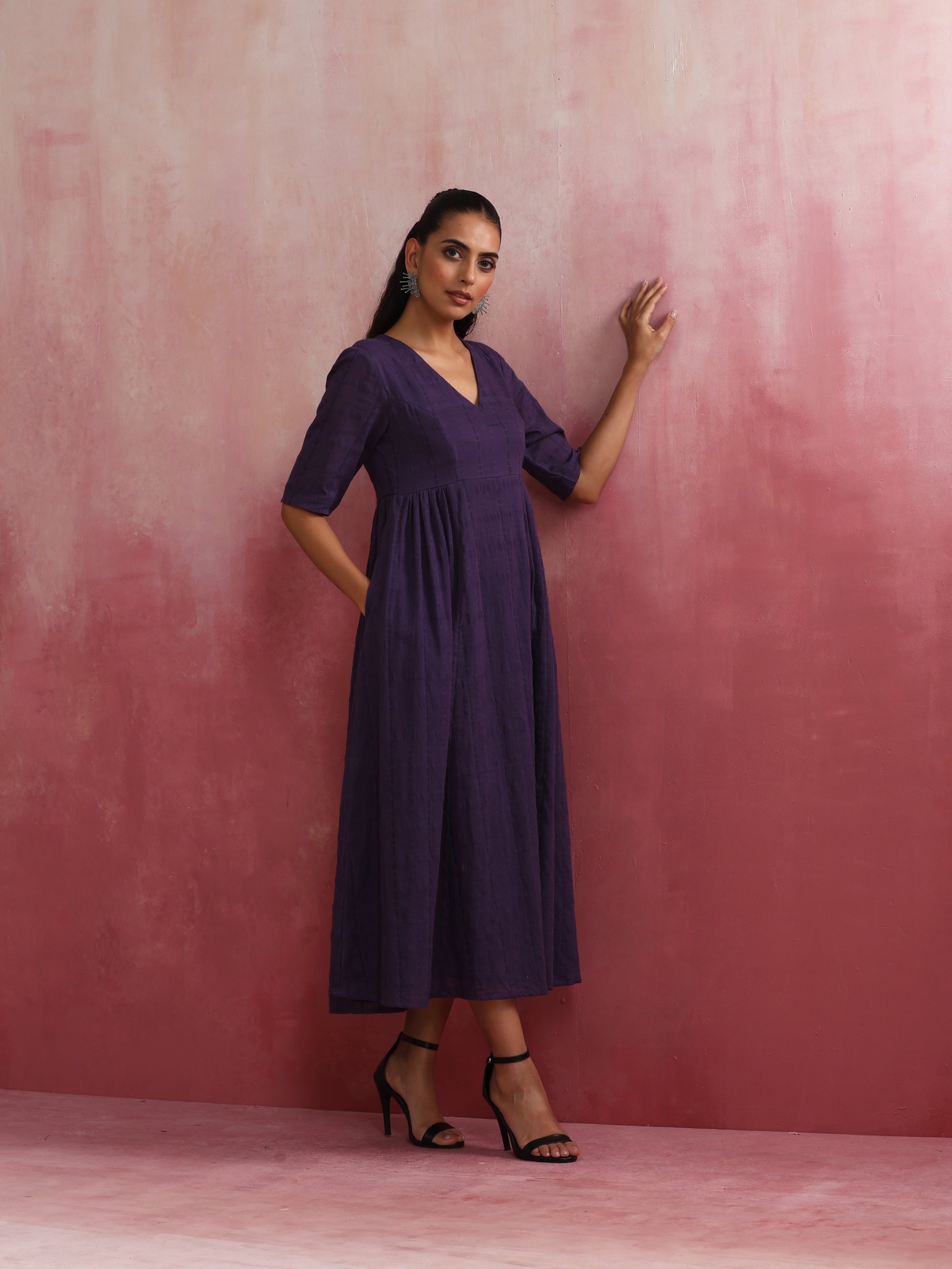 trueBrowns Purple Cotton Dobby Dress | Swadesiicart