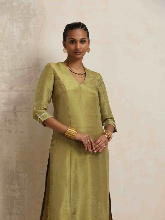 trueBrowns Green Tissue Straight Kurta Set | Swadesiicart