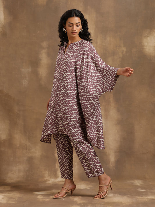 trueBrowns Dark Mauve Zig Zag Printed Silk Kaftan Co-Ord Set - Swadesiicart