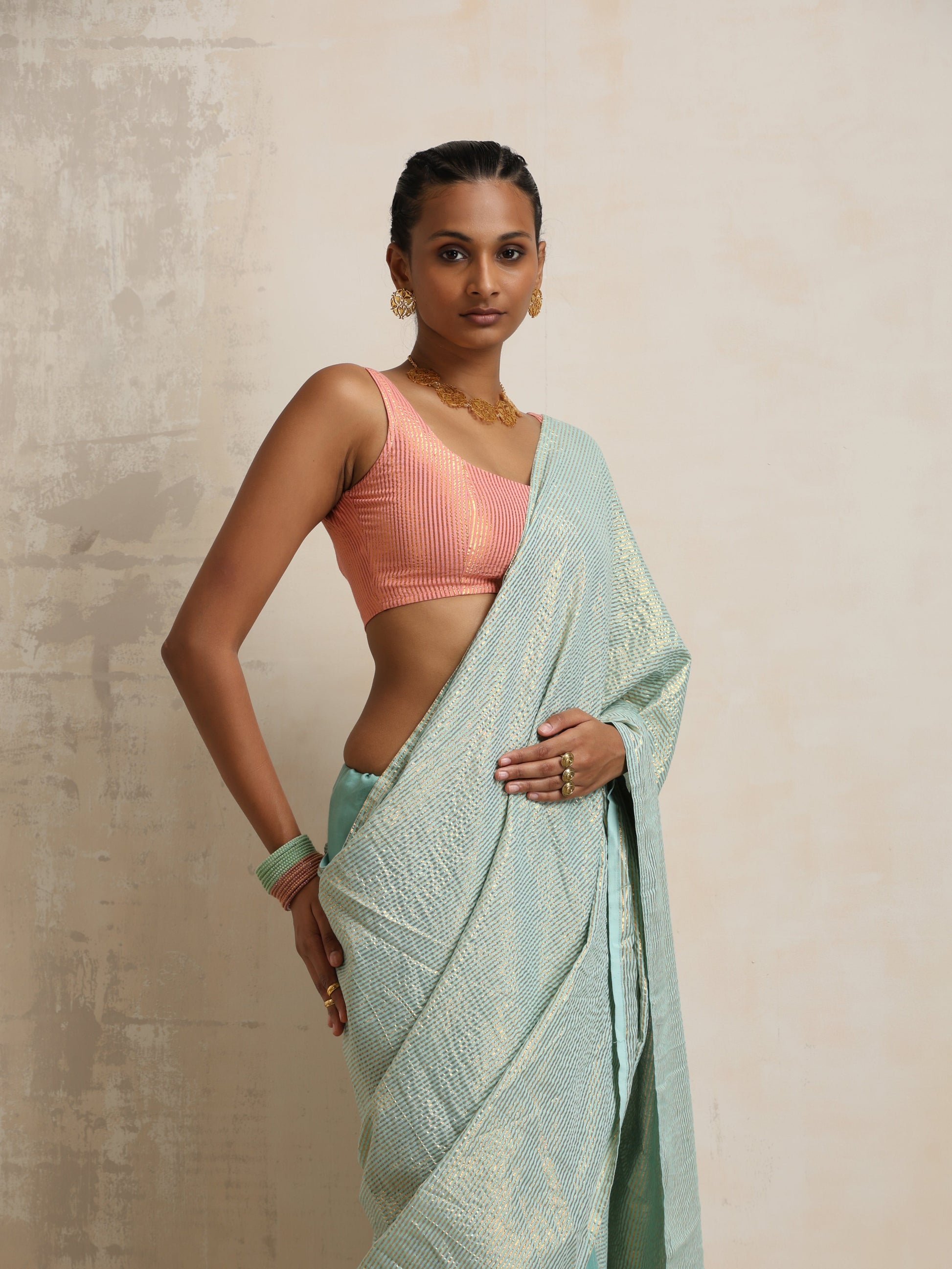 trueBrowns Blue Gold Metallic Ready To Wear Saree | Swadesiicart