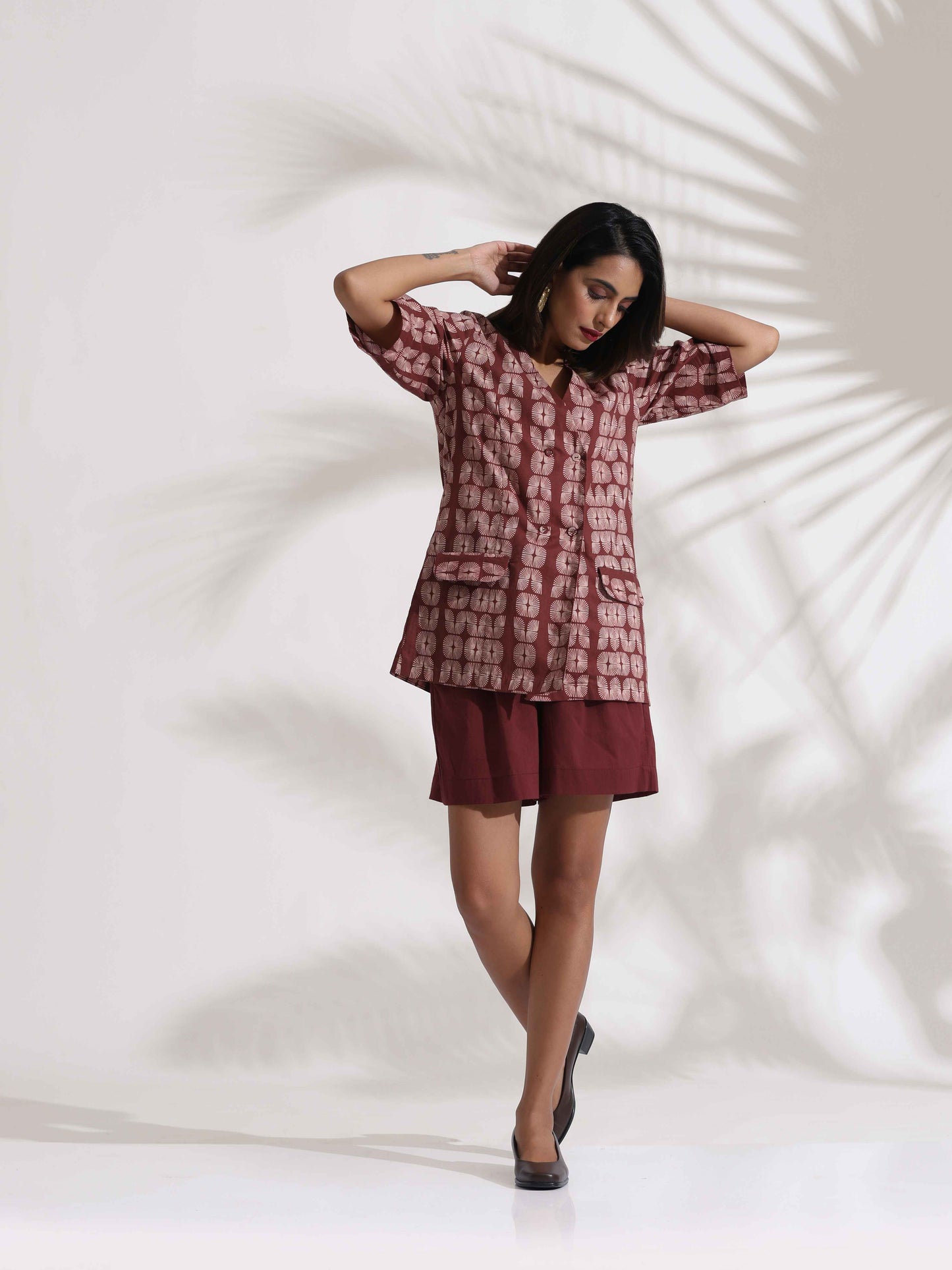 trueBrowns Brown Cotton Print Jacket Top & Short Co-ord Set - Swadesiicart