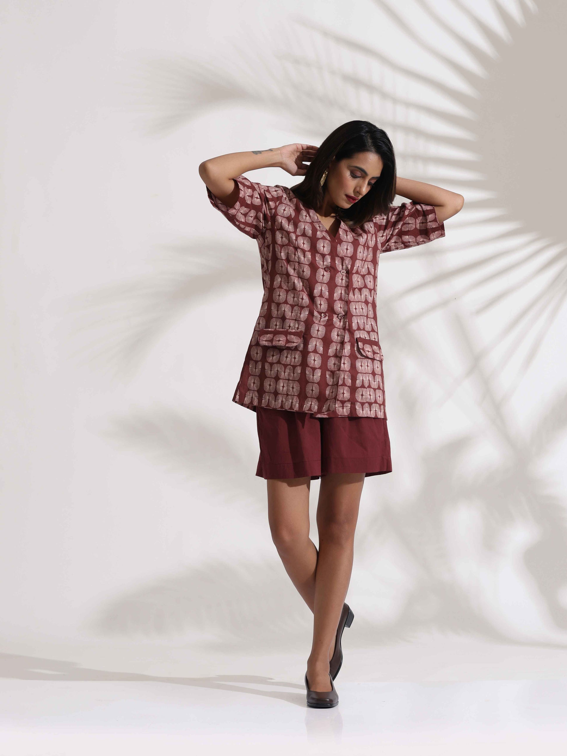 trueBrowns Brown Cotton Print Jacket Top & Short Co-ord Set - Swadesiicart