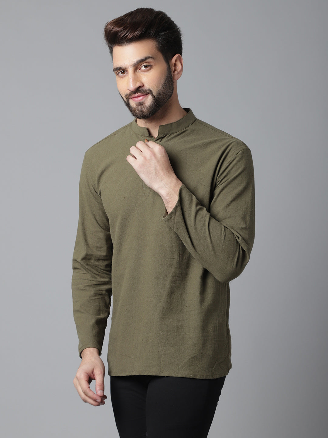 Indian Clothing Even Apparels Green Pure Cotton Kurta With Band Collar | Swadesiicart