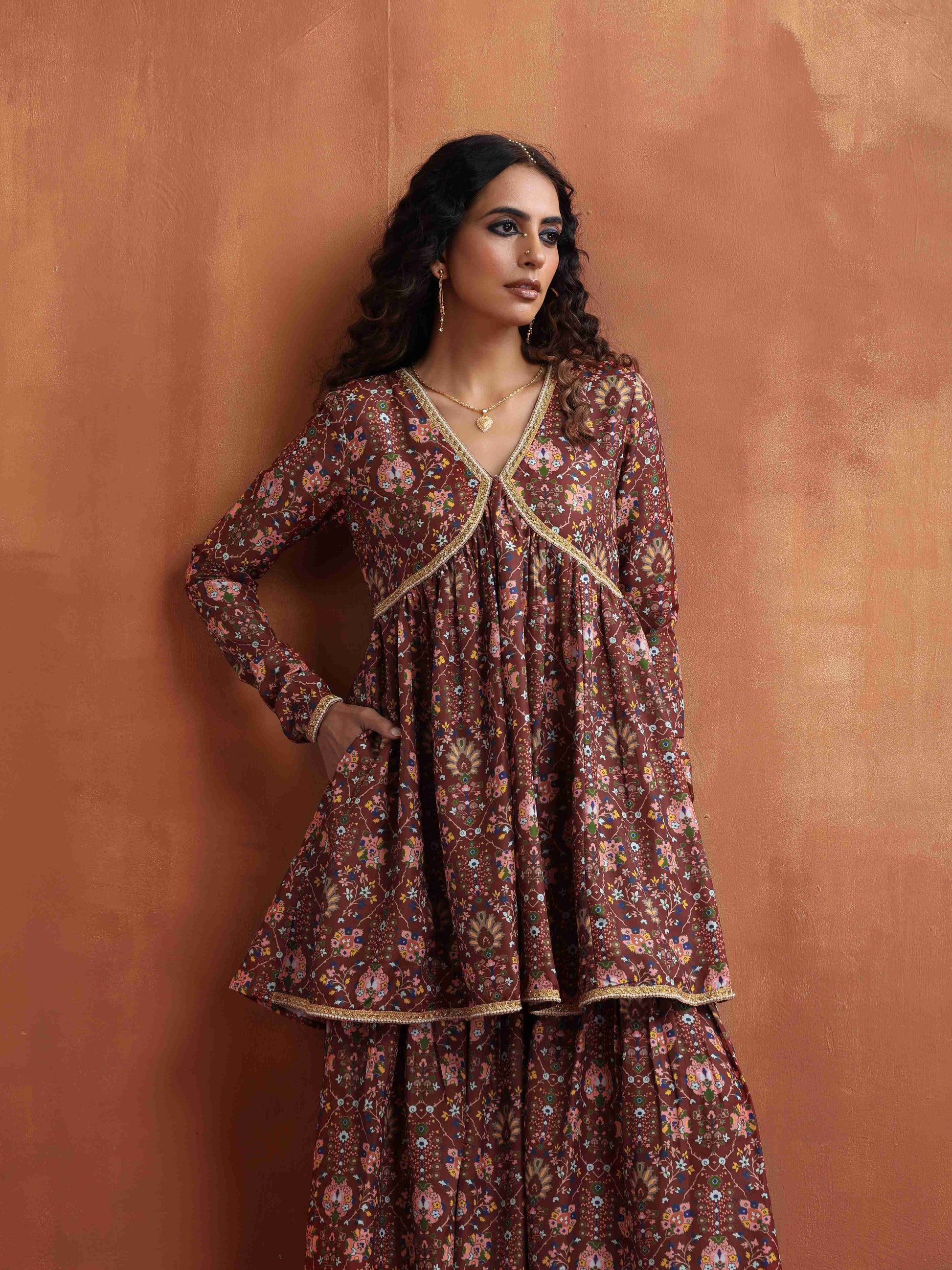 trueBrowns Brown Print Sharara Set | Swadesiicart