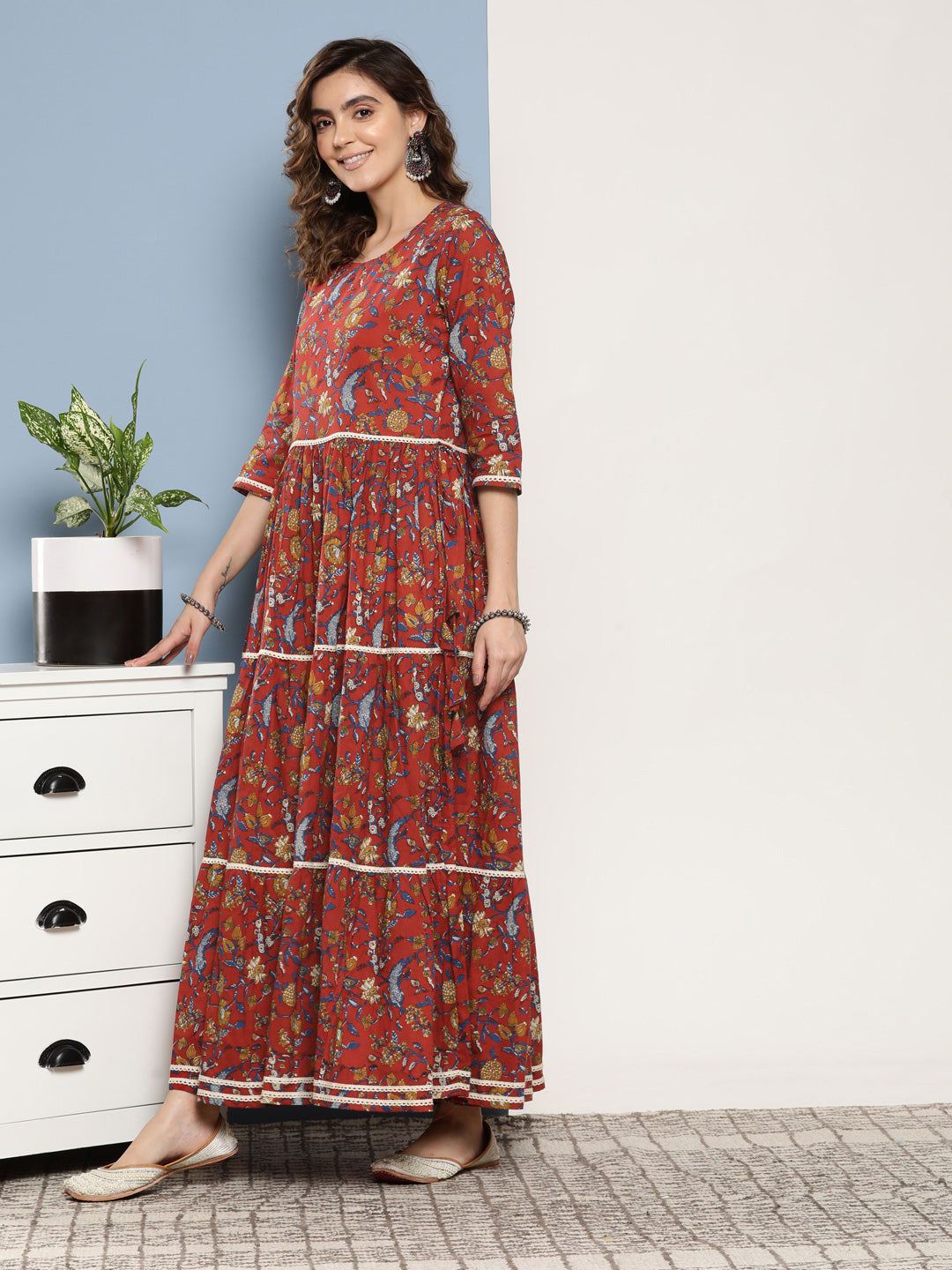InWeave Women's Red Floral Print Tiered Dress With Lace With Red Leh Dupatta - Swadesiicart