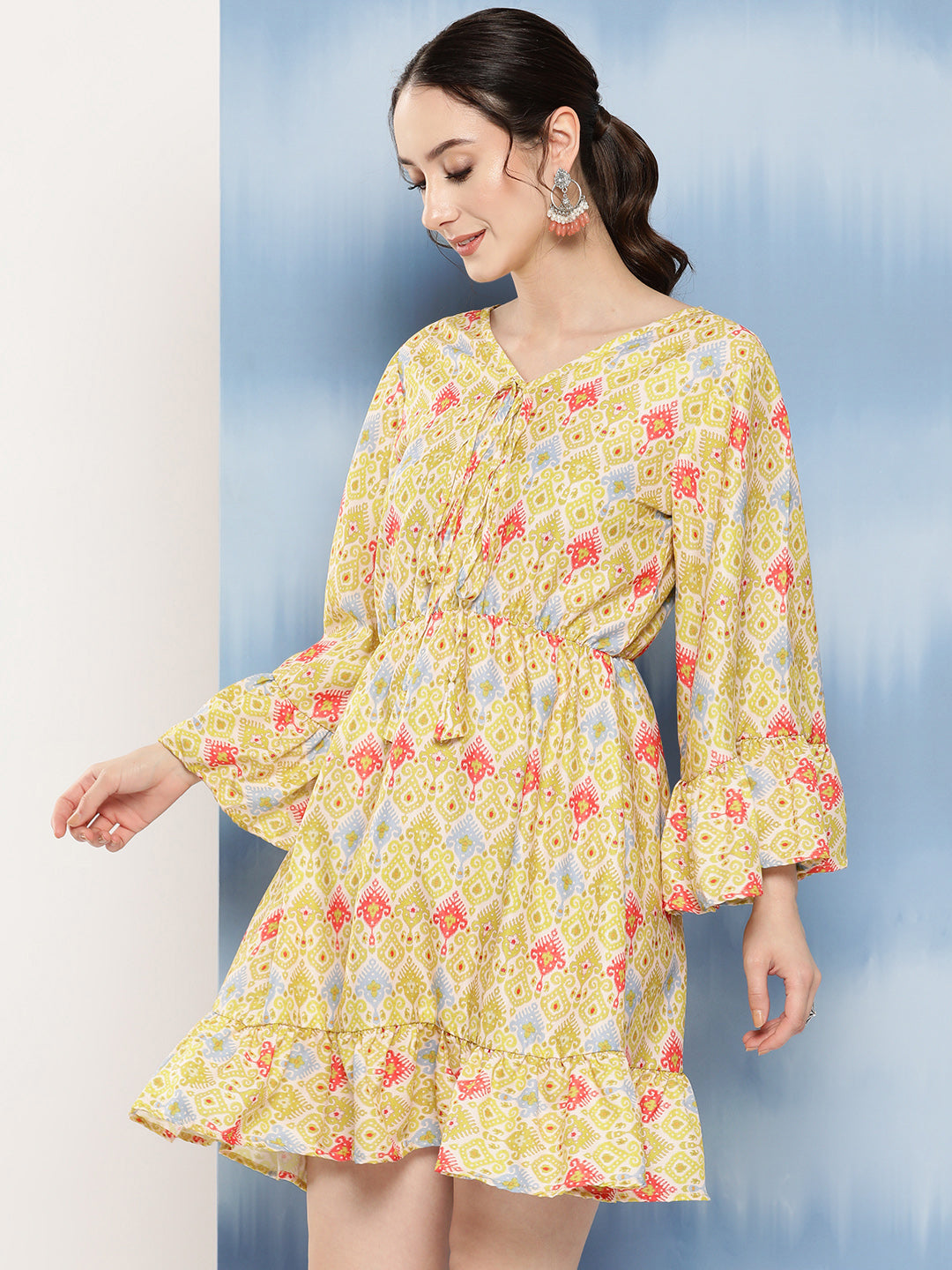 InWeave Women's Yellow Orange Ikkat Print Short Dress - Swadesiicart