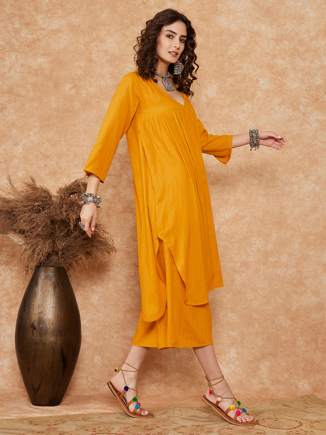 InWeave Women's Mustard Lurex Flared V Neck Kurta Palazzo Set - Swadesiicart