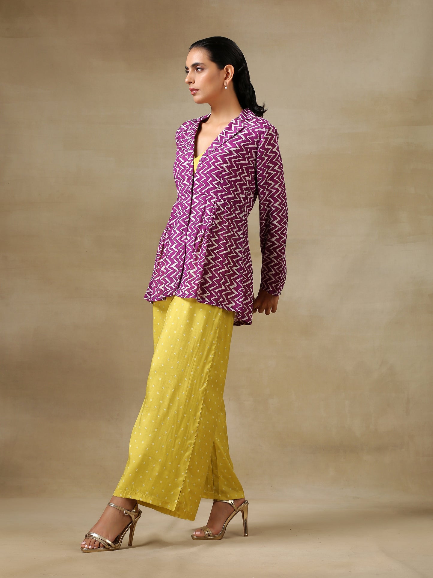 trueBrowns Lime Green Bandhani Printed Silk Top Pant with Purple Printed Jacket Set | Swadesiicart