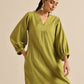 trueBrowns Fresh Green Dobby Puff Sleeve Kurta Pant Set | Swadesiicart