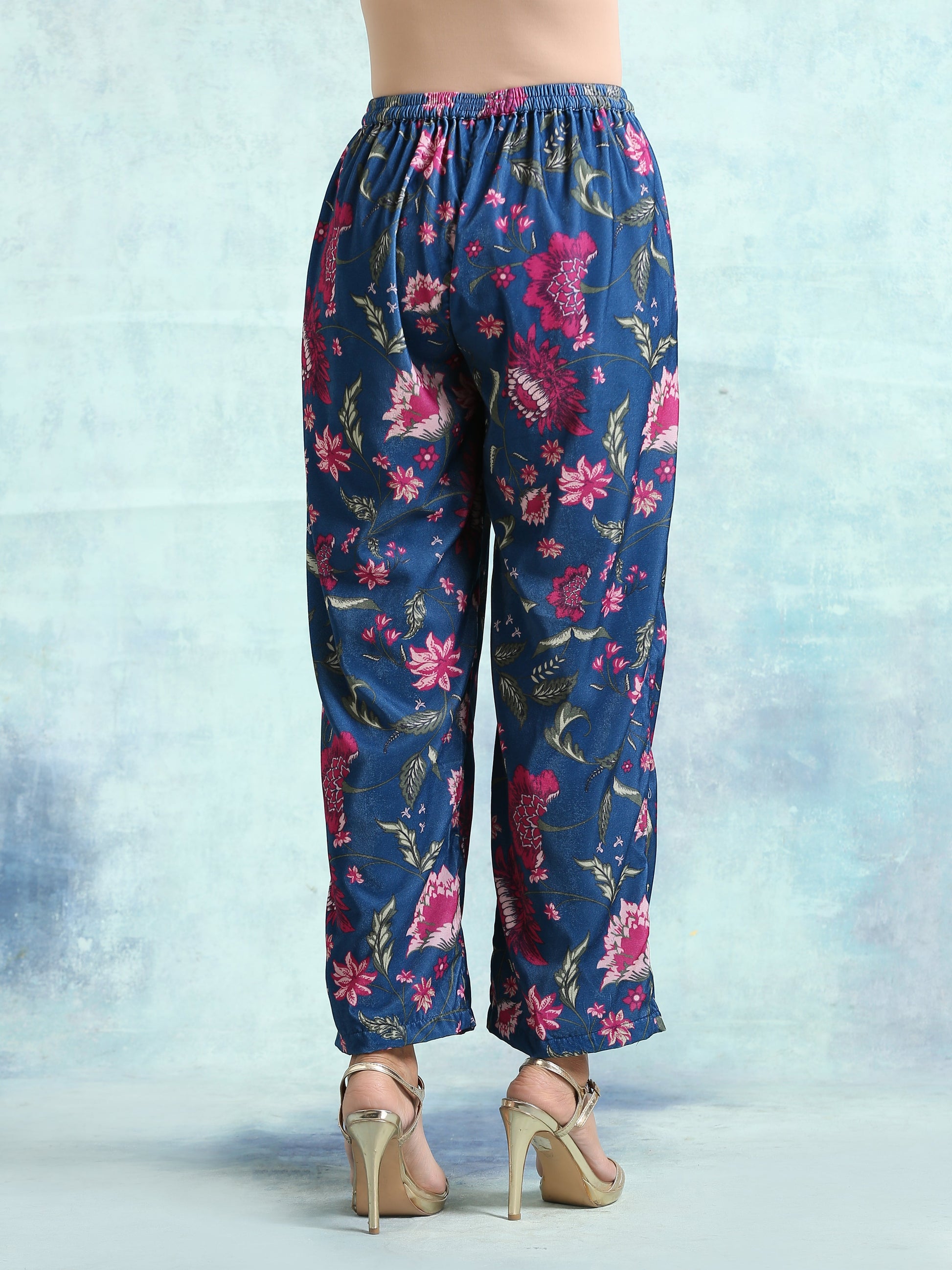 trueBrowns Blue Printed Velvet Pant | Swadesiicart