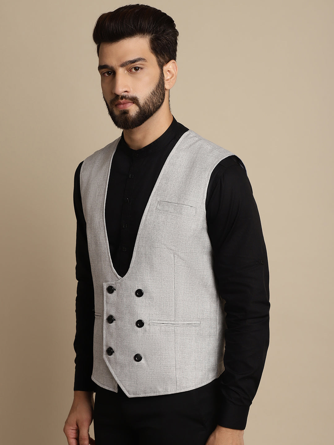 Even Apparels Men's Grey Double Breast Waistcoat | Swadesiicart