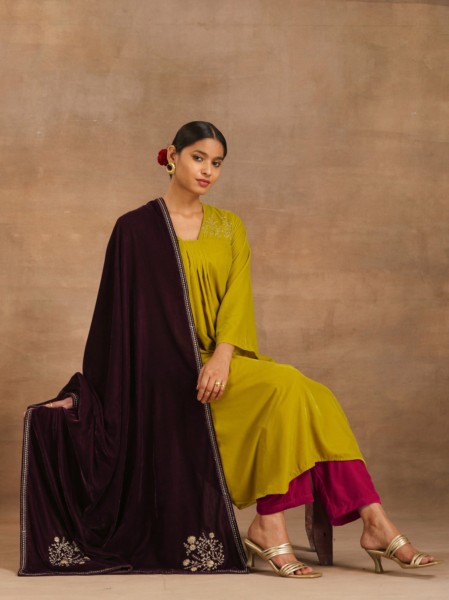 trueBrowns Wine Velvet Embroidered Shawl | Swadesiicart