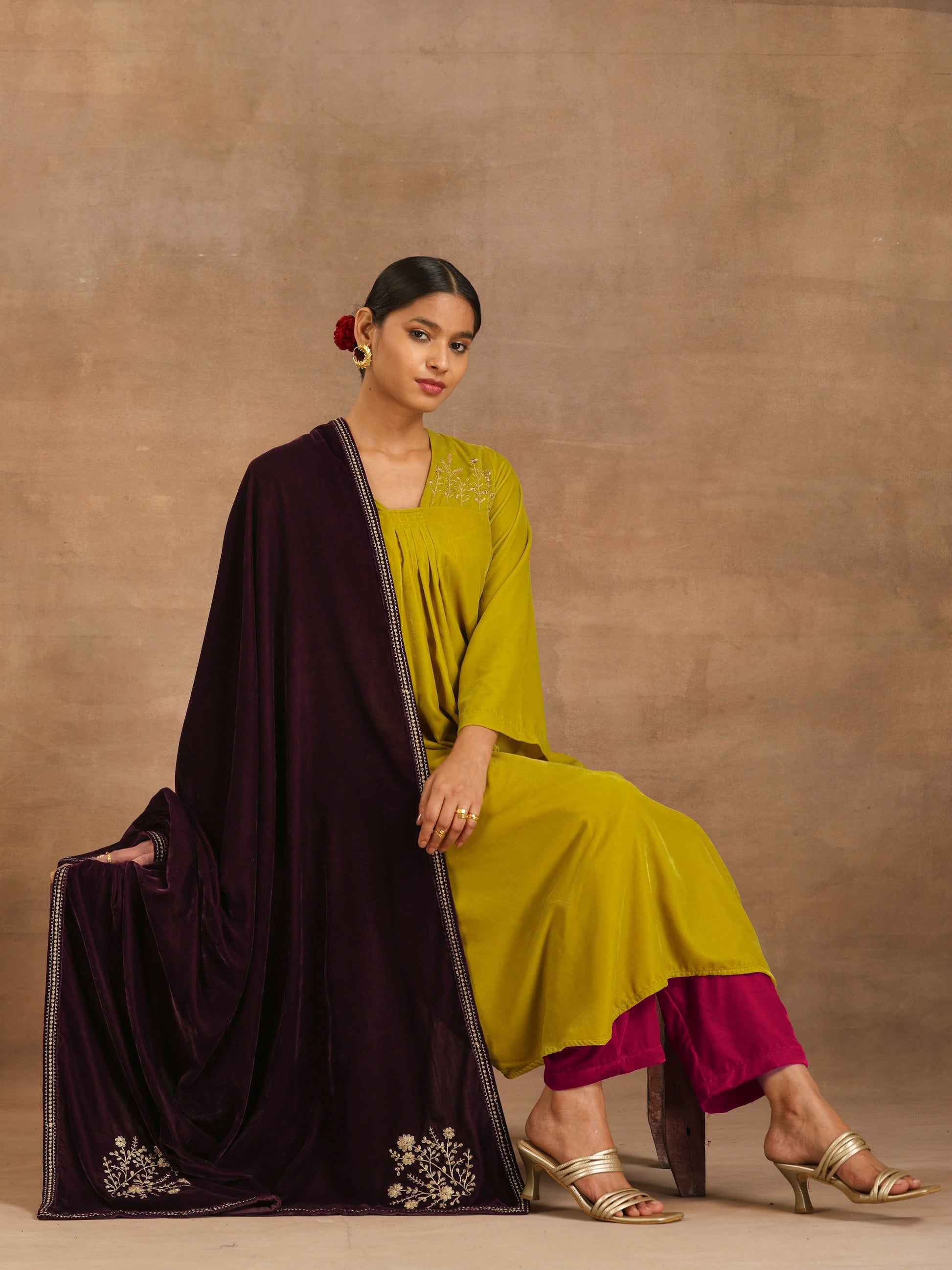 trueBrowns Wine Velvet Embroidered Shawl | Swadesiicart