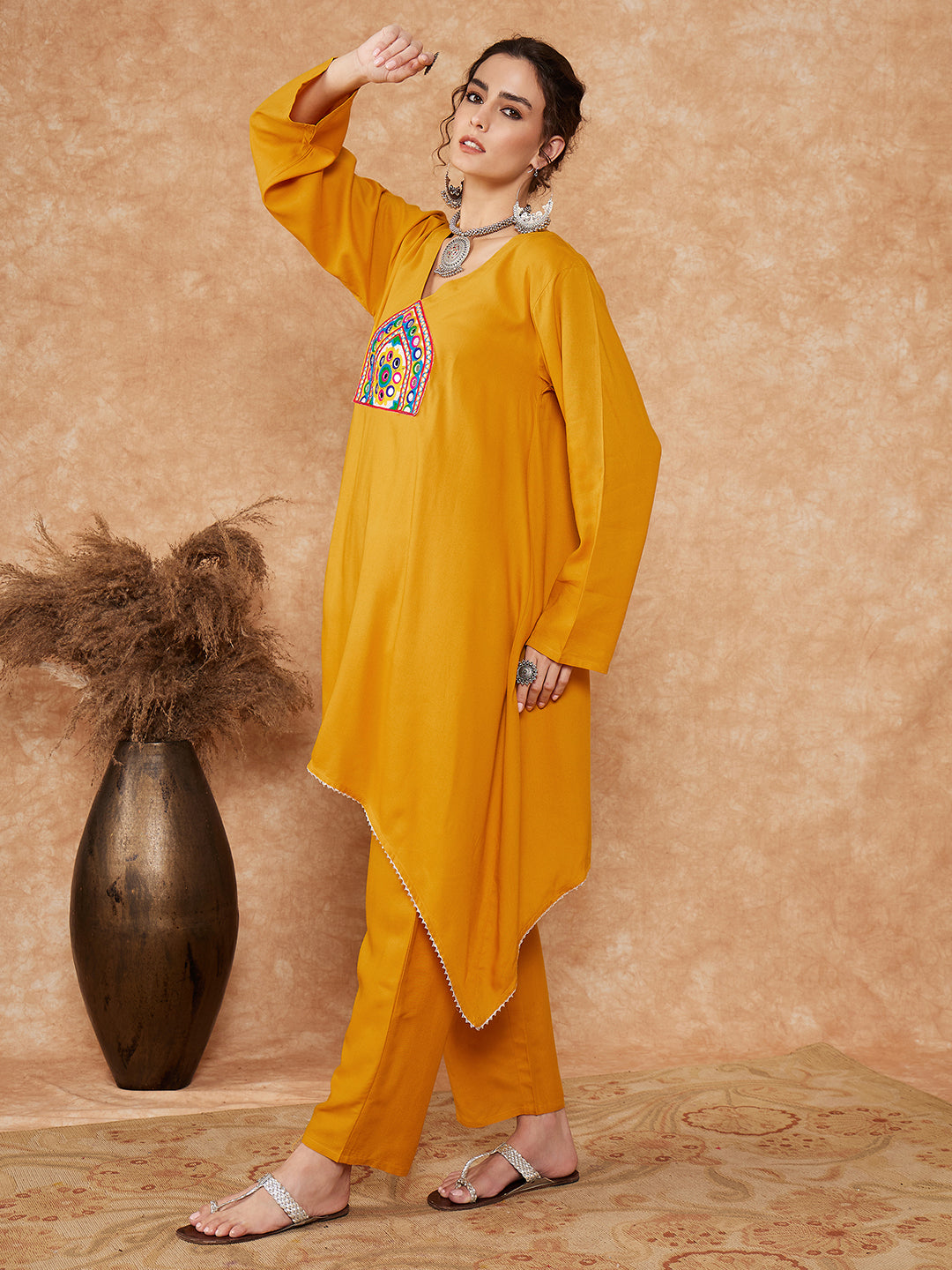 InWeave Women's Mustard Trangle Yellow Patch Work Assymentrical Kurta Set - Swadesiicart