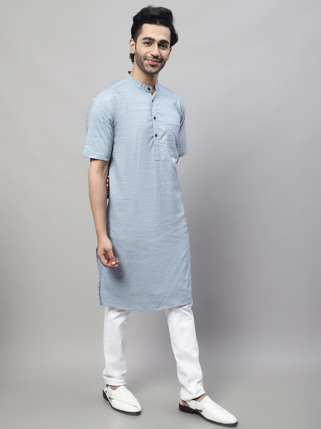 Even Apparels Blue Pure Cotton Kurta With Band Collar | Swadesiicart