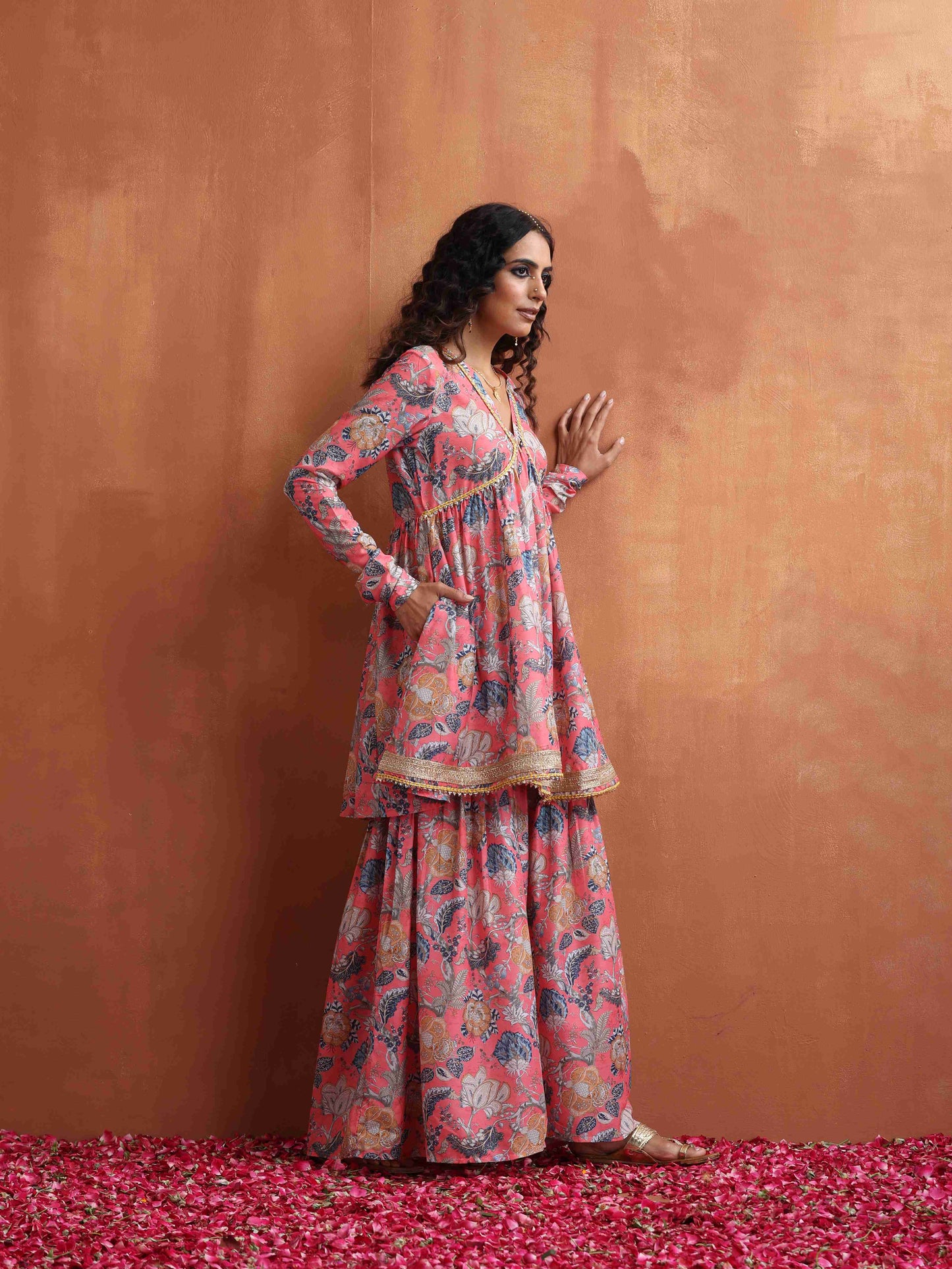 trueBrowns Orange Print Sharara Set | Swadesiicart