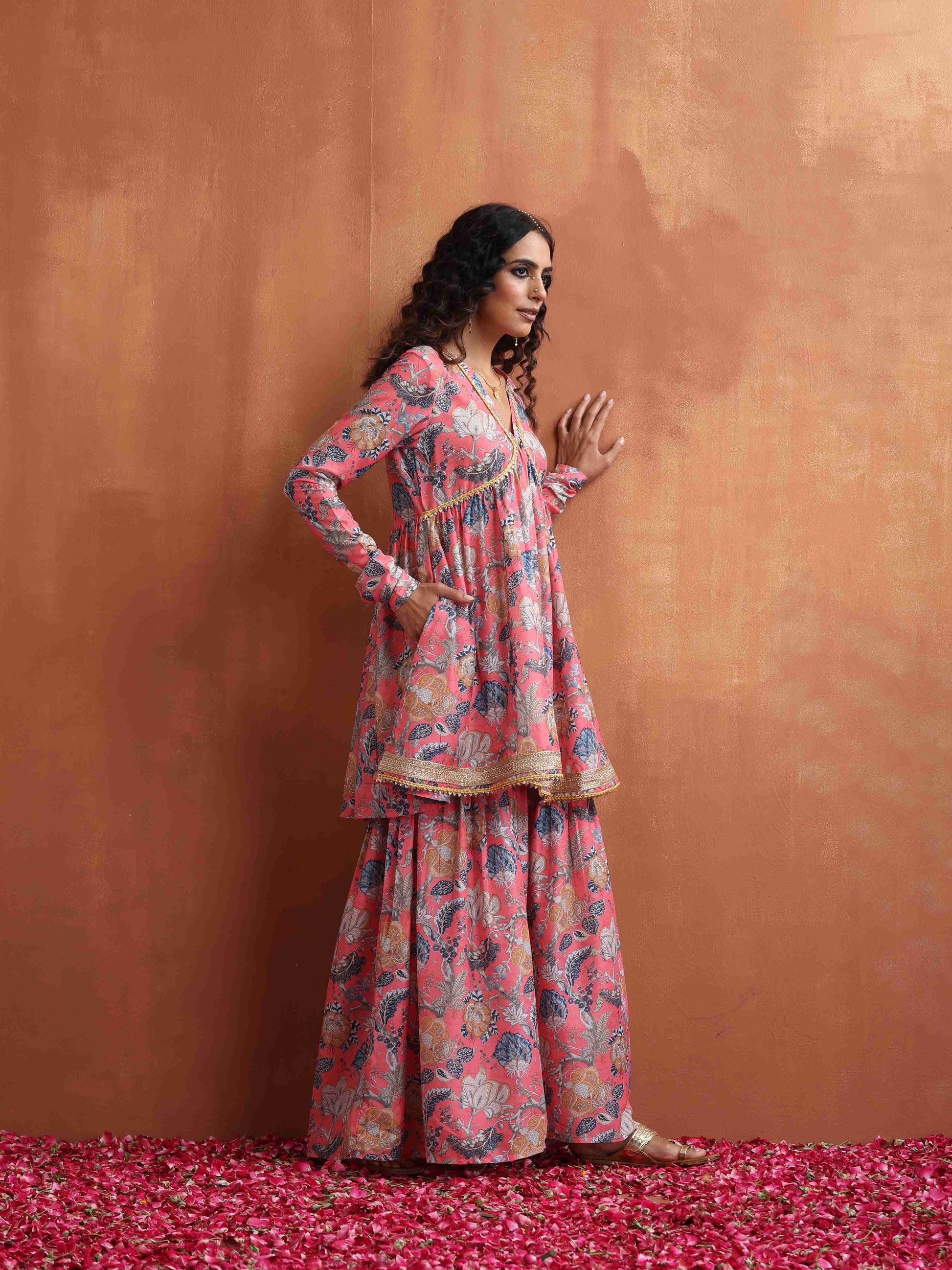 trueBrowns Orange Print Sharara Set | Swadesiicart