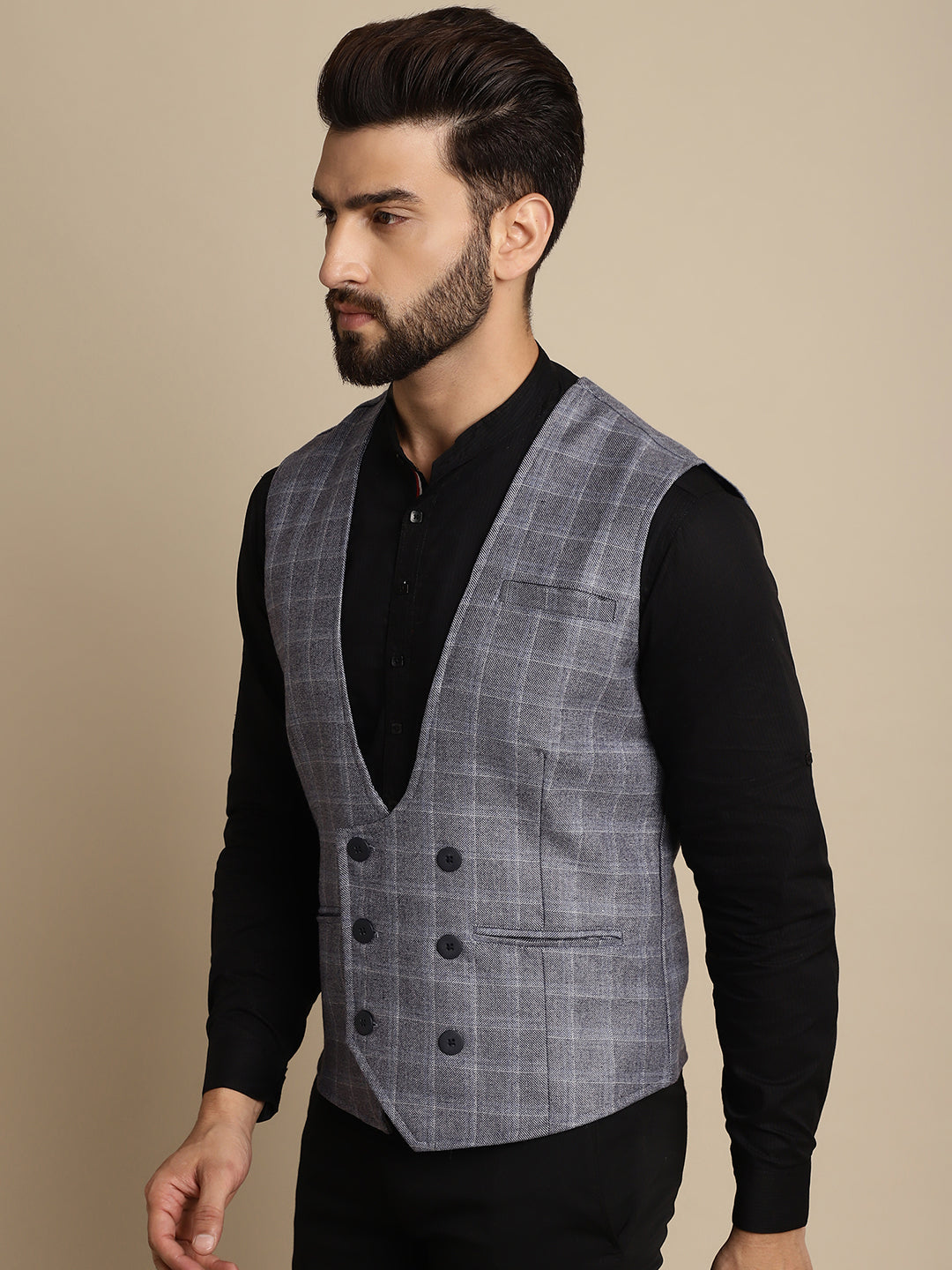 Even Apparels Men's Grey Double Breast Waistcoat | Swadesiicart