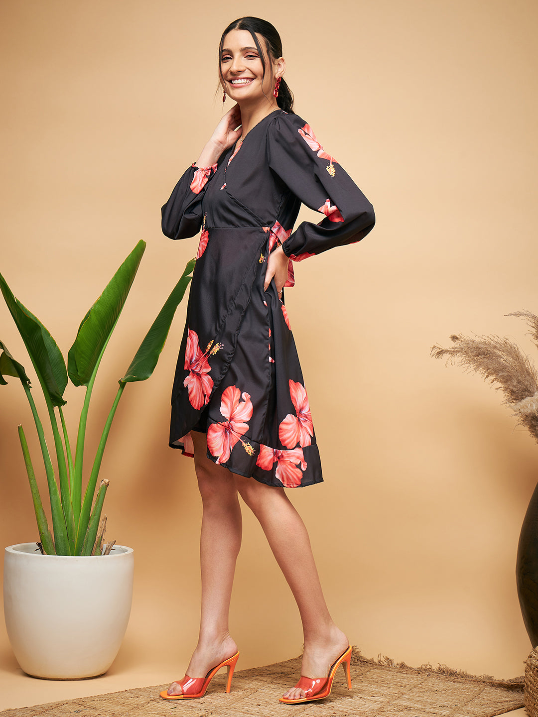 InWeave Women's Black Red Big Flower Belted Dress - Swadesiicart
