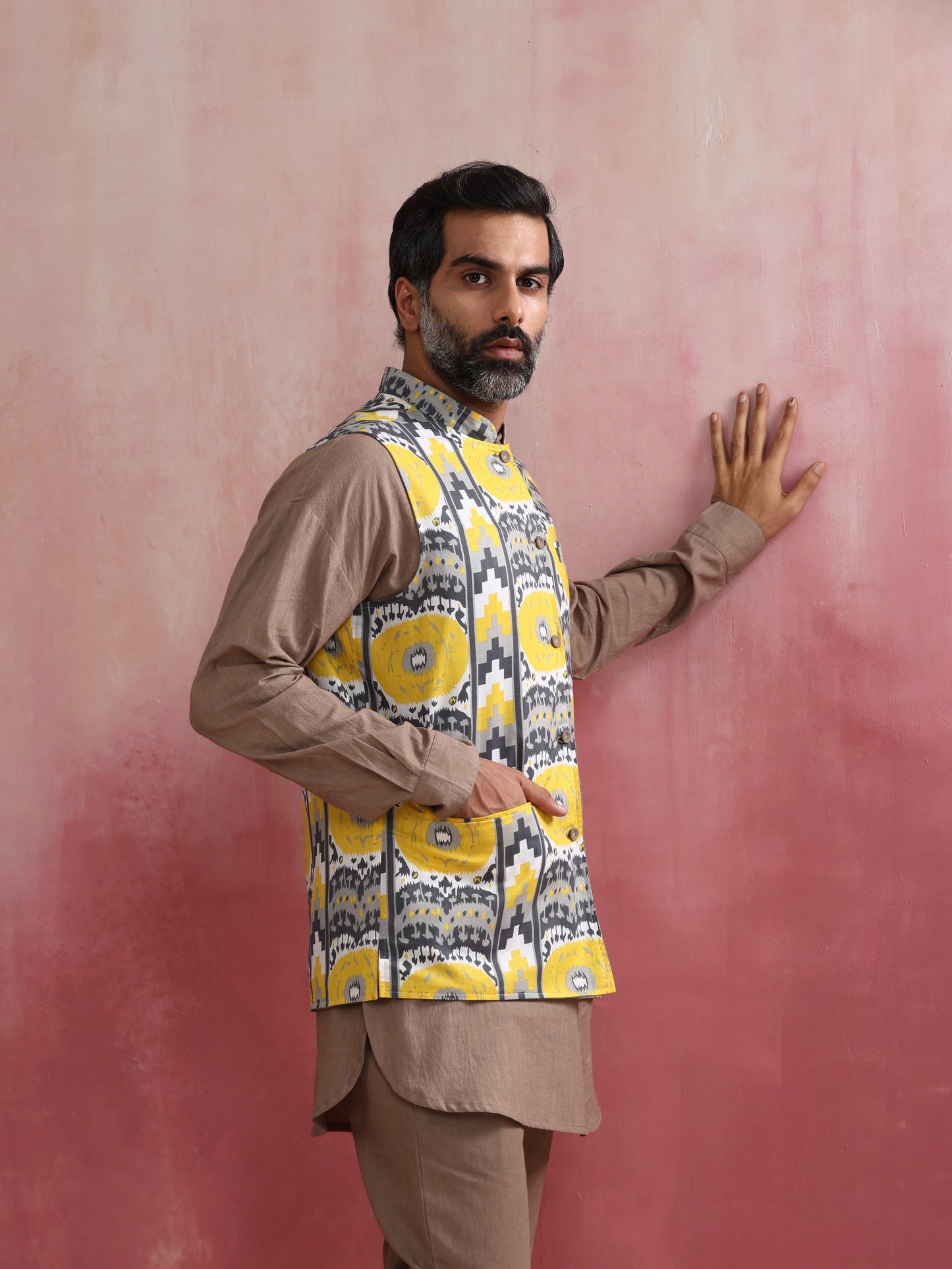trueBrowns Men's Grey Ikat Print Cotton Reversible Nehru Jacket | Swadesiicart