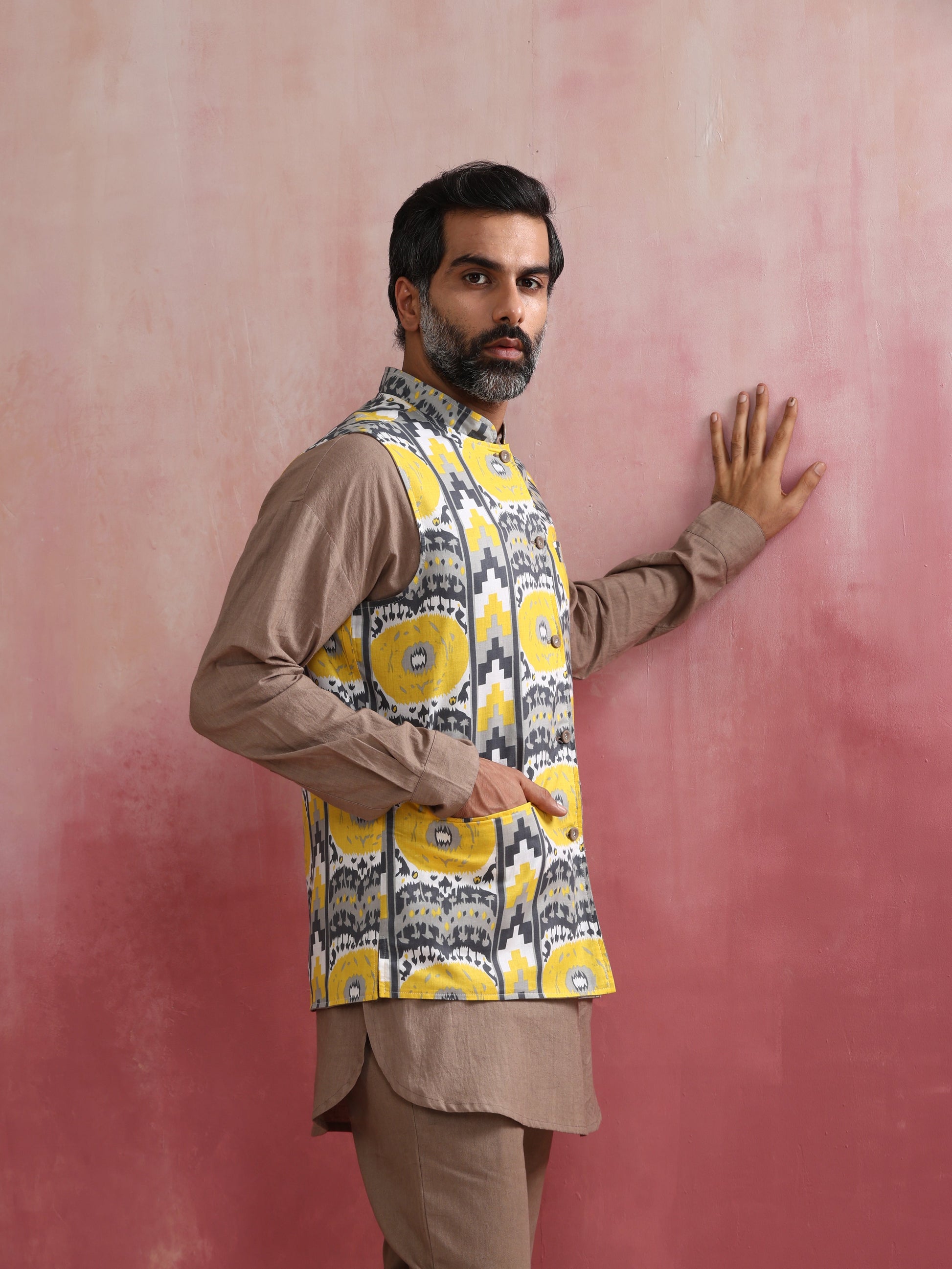 trueBrowns Men's Grey Ikat Print Cotton Reversible Nehru Jacket | Swadesiicart