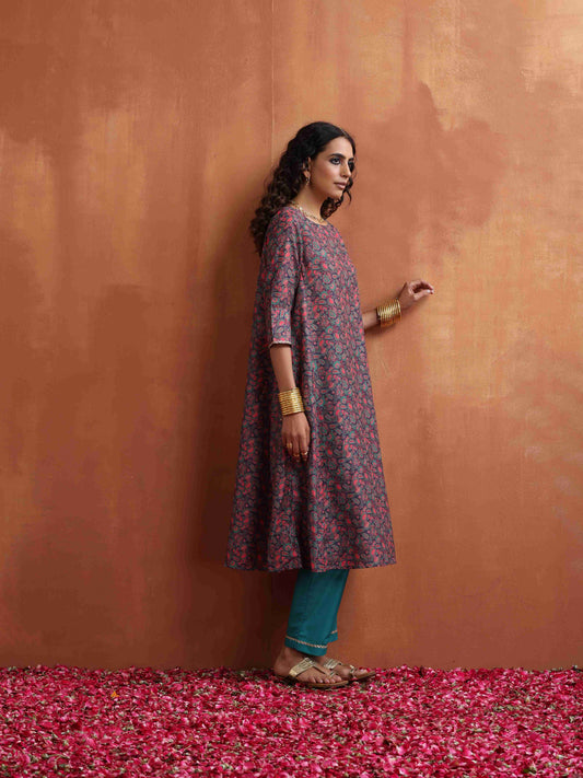 trueBrowns Purple Print A-line Kurta Set | Swadesiicart