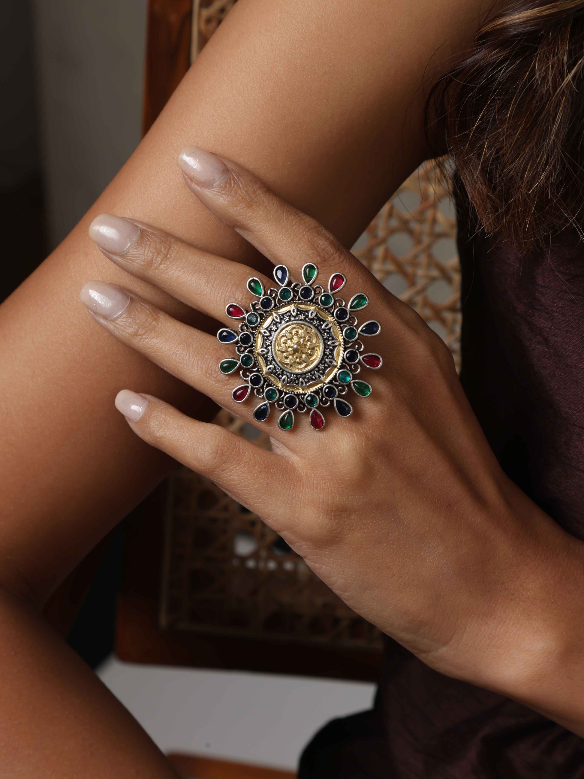 trueBrowns Silver Gold Tone Mandala Ring | Swadesiicart