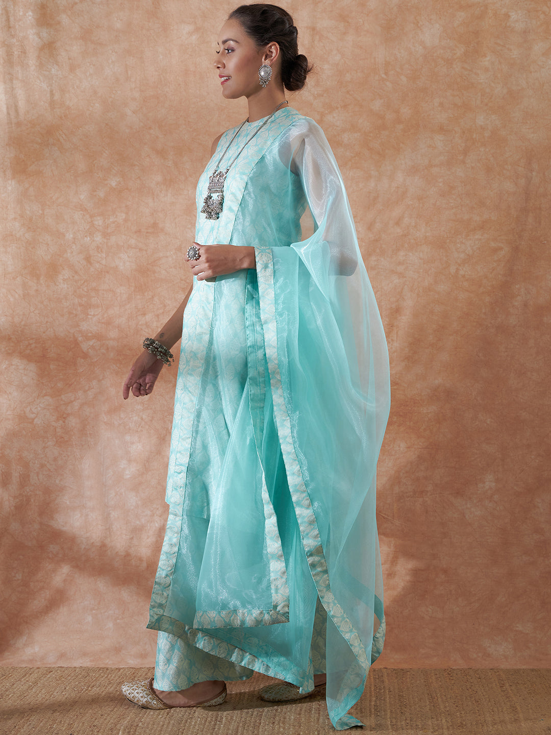 InWeave Women's Powder Blue Jacquard Halter Kurta Set W Powder Blue Or Dupatta - Swadesiicart