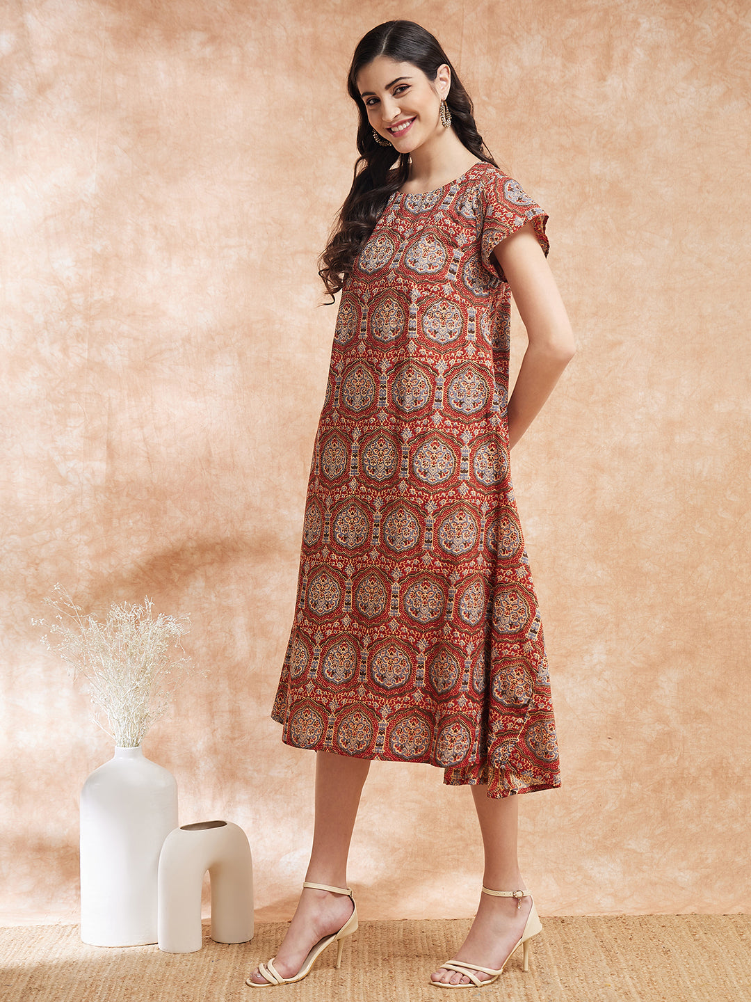 InWeave Women's Maroon Mughal Kalamkari A Line Dress - Swadesiicart