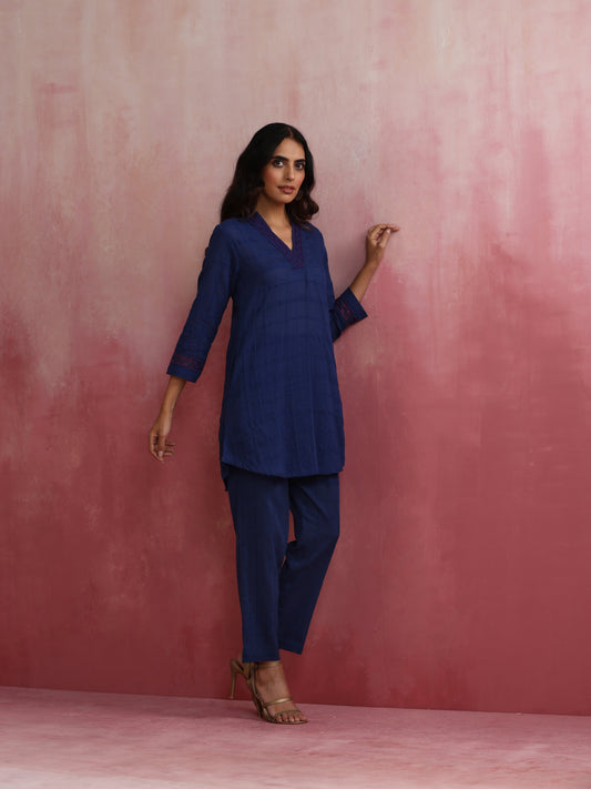 trueBrowns Dark Blue Cotton Dobby Kurta Co-ord set - Swadesiicart